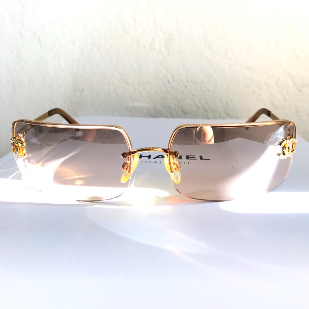 CHANEL Rimless Sunglasses GOLD ⭐️ CC Crystal ⭐️ Y2K Vintage